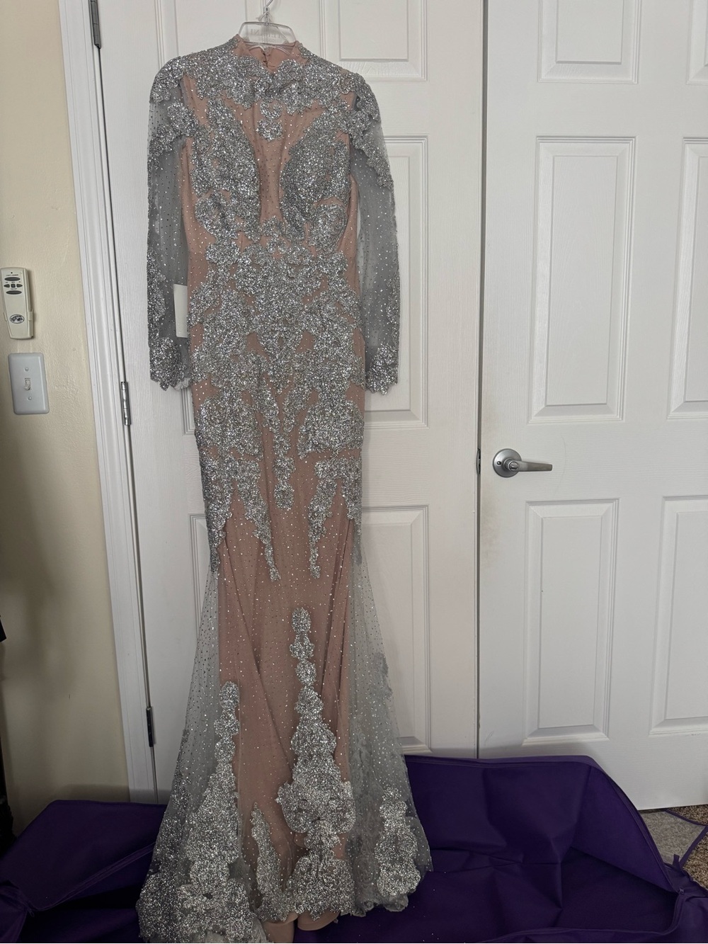 Silver Beaded Illusion Long-Sleeve Wedding Dress - Nude Base